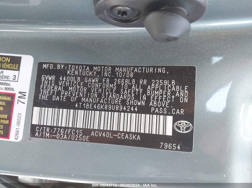 2009 Toyota Camry Se VIN: 4T1BE46K89U894244 Lot: 39543712