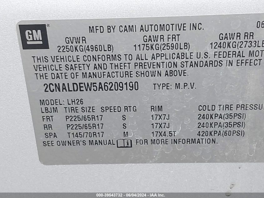 2010 Chevrolet Equinox Lt VIN: 2CNALDEW5A6209190 Lot: 39543732