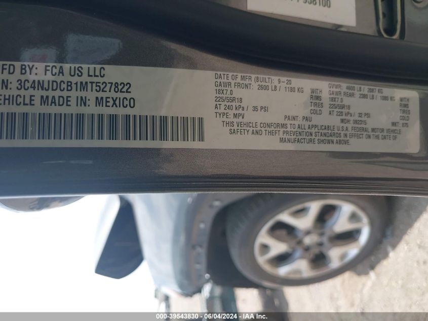 2021 Jeep Compass Limited 4X4 VIN: 3C4NJDCB1MT527822 Lot: 39543830