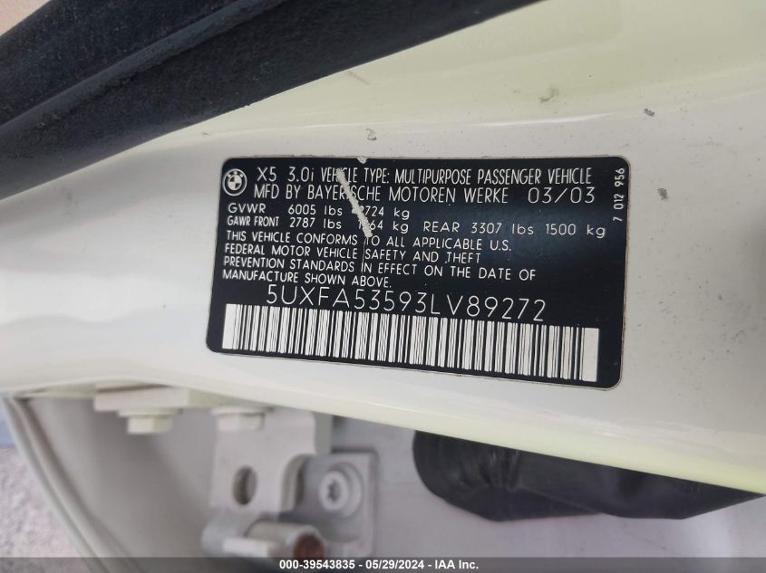 2003 BMW X5 3.0I VIN: 5UXFA53593LV89272 Lot: 39543835