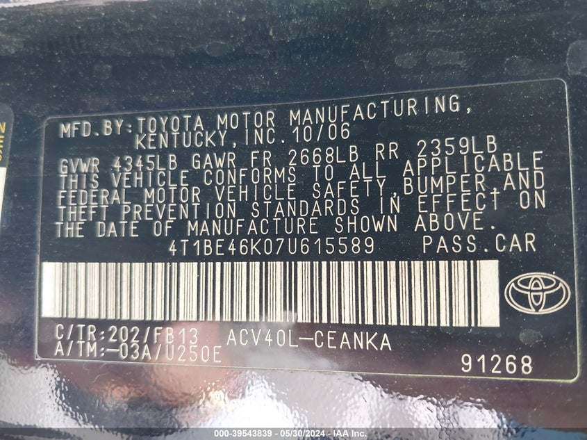 2007 Toyota Camry Le VIN: 4T1BE46K07U615589 Lot: 39543839