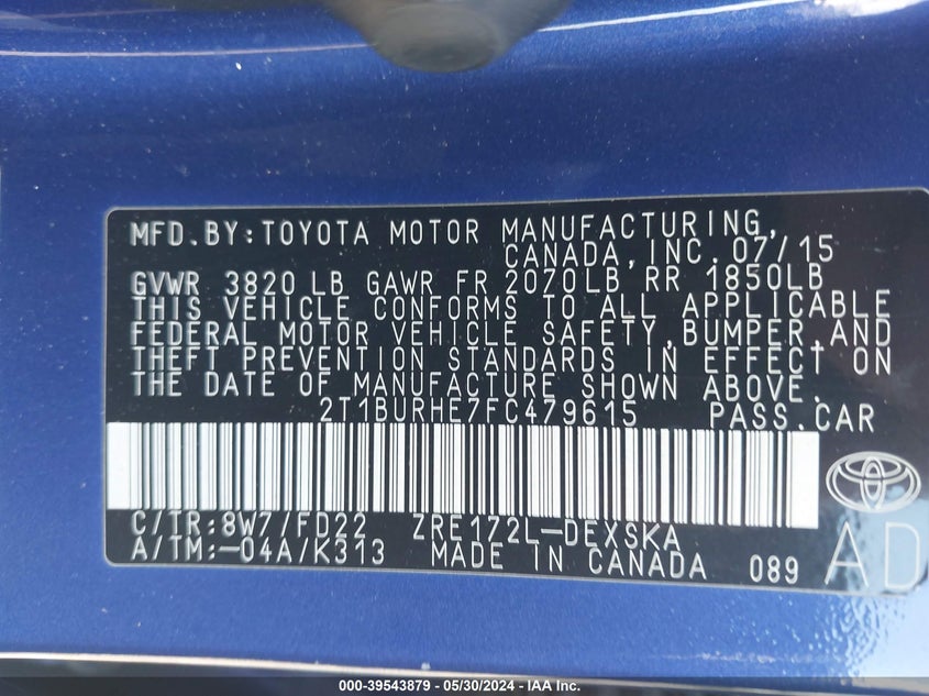 2015 Toyota Corolla S Plus VIN: 2T1BURHE7FC479615 Lot: 39543879