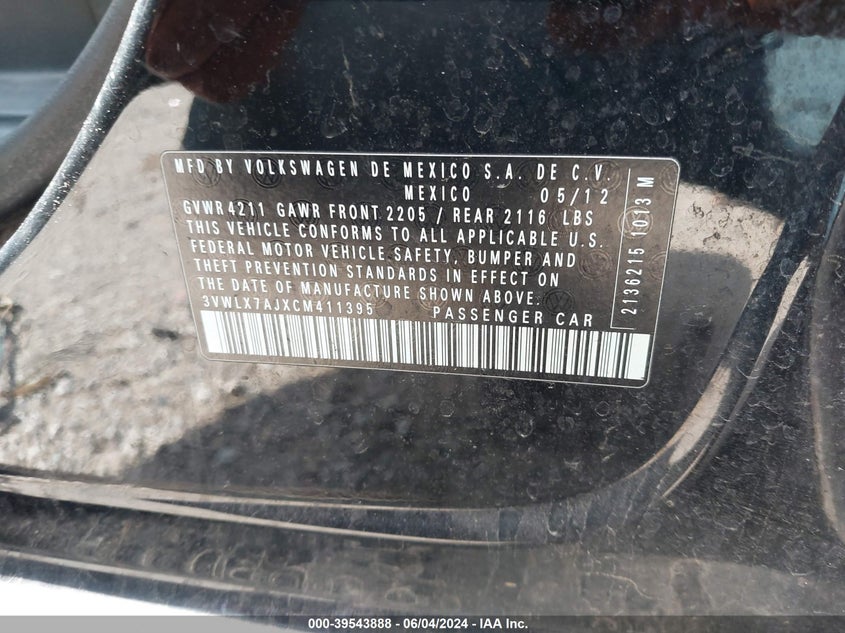 2012 Volkswagen Jetta 2.5L Sel Premium VIN: 3VWLX7AJXCM411395 Lot: 39543888