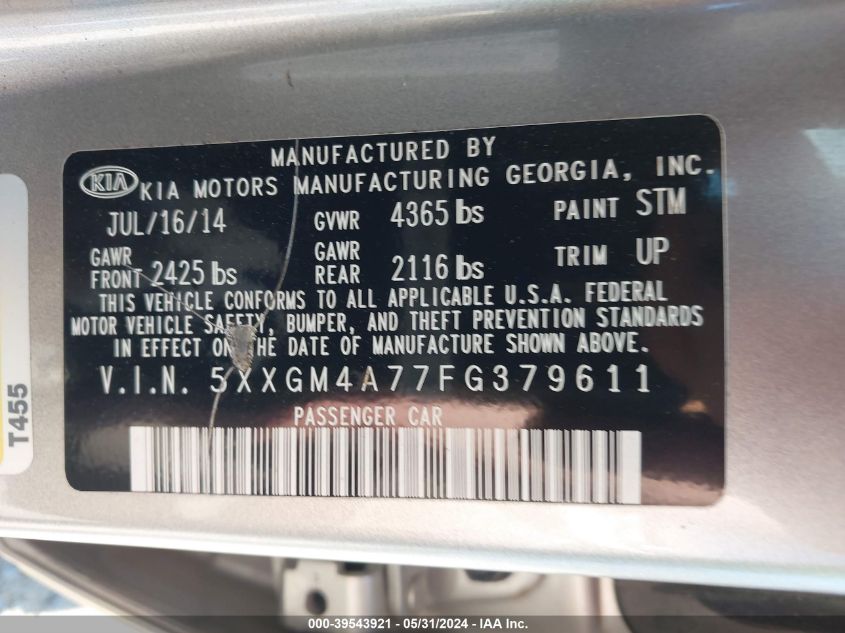 2015 Kia Optima Lx VIN: 5XXGM4A77FG379611 Lot: 39543921