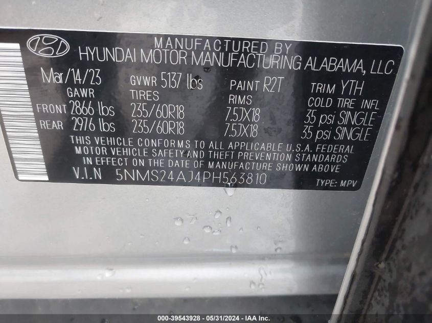 2023 Hyundai Santa Fe Sel VIN: 5NMS24AJ4PH563810 Lot: 39543928