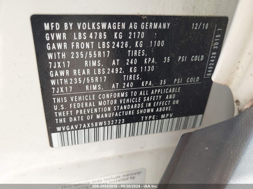 2011 Volkswagen Tiguan Se VIN: WVGAV7AX5BW532723 Lot: 39543935