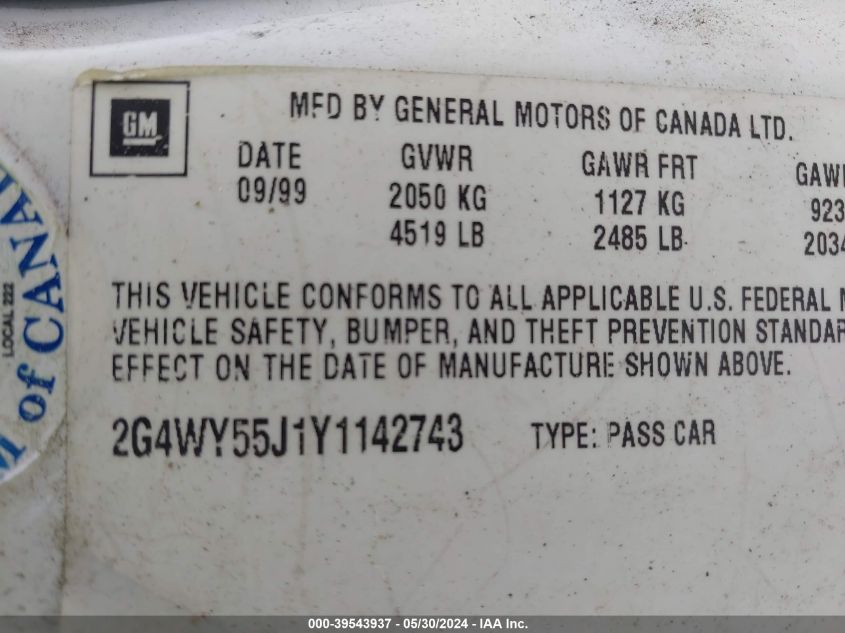 2000 Buick Century Limited VIN: 2G4WY55J1Y1142743 Lot: 39543937