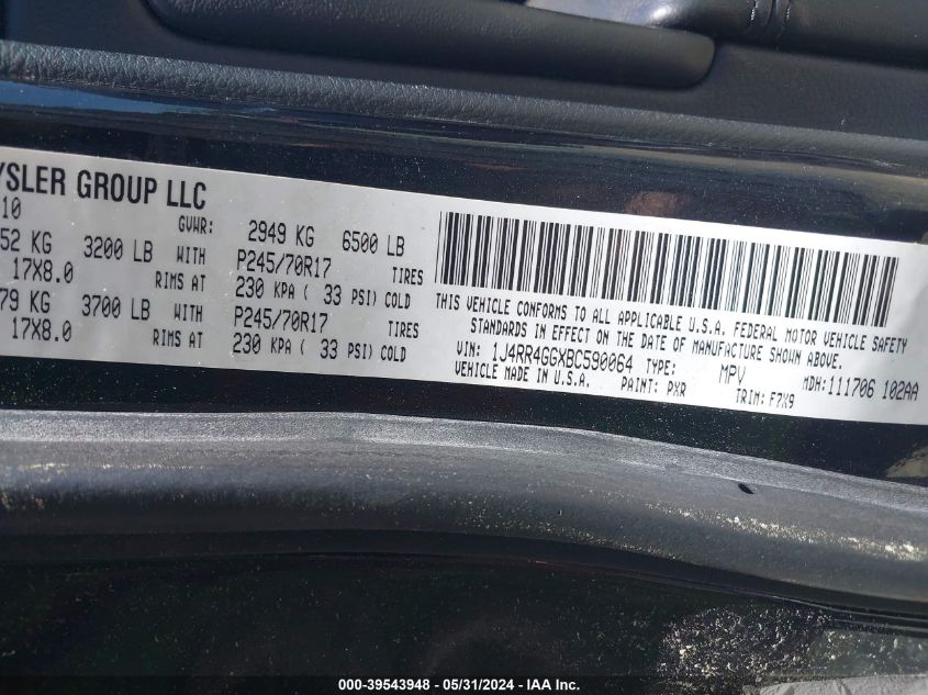 2011 Jeep Grand Cherokee Laredo VIN: 1J4RR4GGXBC590064 Lot: 39543948