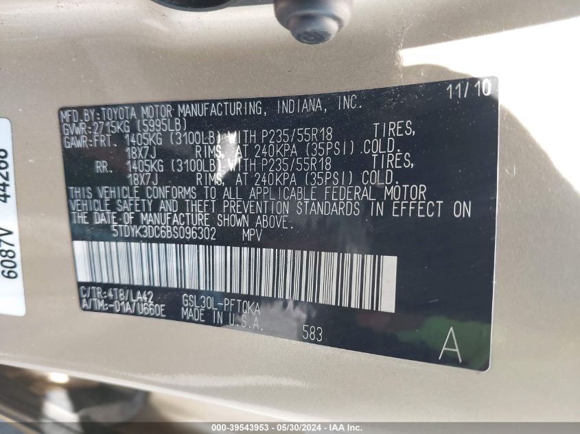 2011 Toyota Sienna Limited V6 VIN: 5TDYK3DC6BS096302 Lot: 39543953