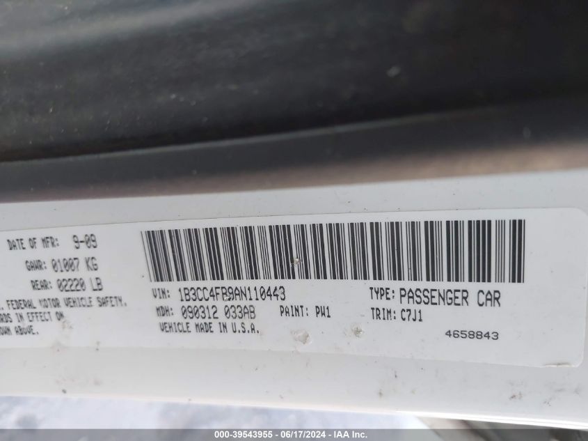 2010 Dodge Avenger Sxt VIN: 1B3CC4FB9AN110443 Lot: 39543955