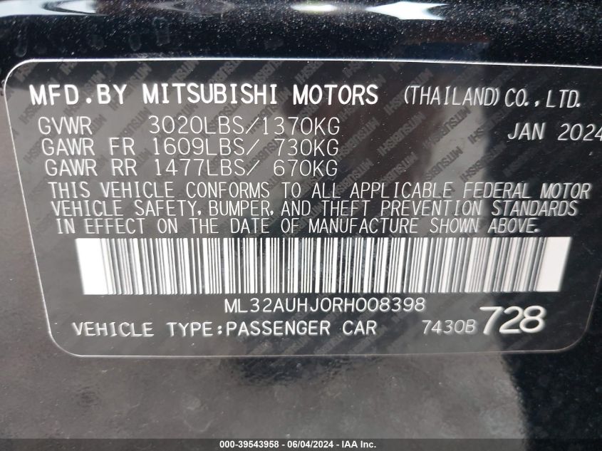 2024 Mitsubishi Mirage Es/Le VIN: ML32AUHJ0RH008398 Lot: 39543958