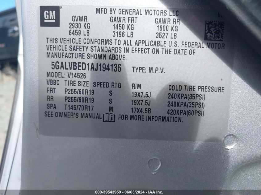 2010 Buick Enclave 1Xl VIN: 5GALVBED1AJ194136 Lot: 39543959