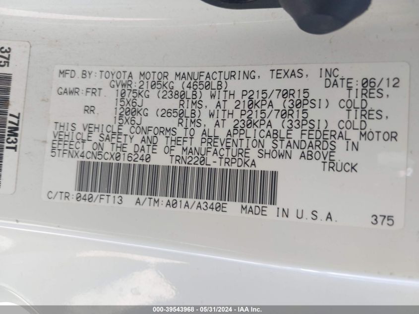 2012 Toyota Tacoma VIN: 5TFNX4CN5CX016240 Lot: 39543968