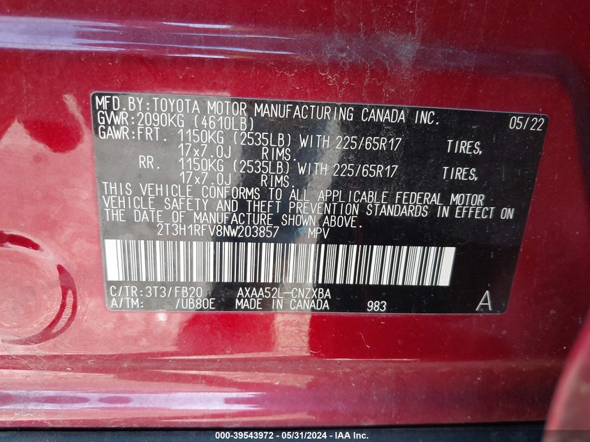 2022 Toyota Rav4 Le VIN: 2T3H1RFV8NW203857 Lot: 39543972