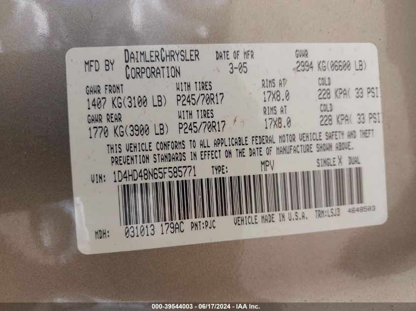 2005 Dodge Durango Slt VIN: 1D4HD48N65F585771 Lot: 39544003