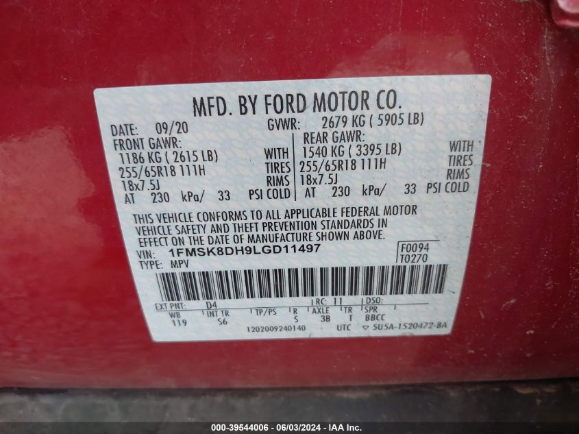 2020 Ford Explorer Xlt VIN: 1FMSK8DH9LGD11497 Lot: 39544006