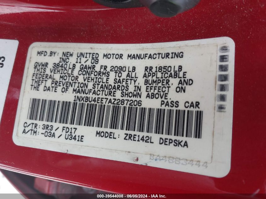 2010 Toyota Corolla S VIN: 1NXBU4EE7AZ287206 Lot: 39544008