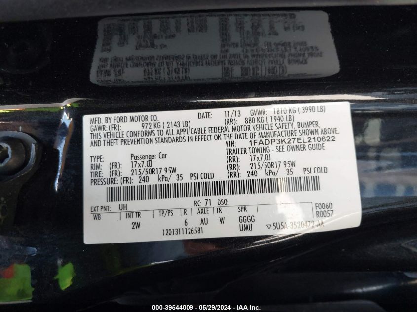 2014 Ford Focus Se VIN: 1FADP3K27EL210622 Lot: 39544009