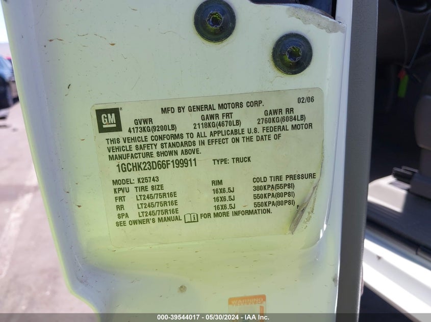 2006 Chevrolet Silverado 2500Hd Lt3 VIN: 1GCHK23D66F199911 Lot: 39544017