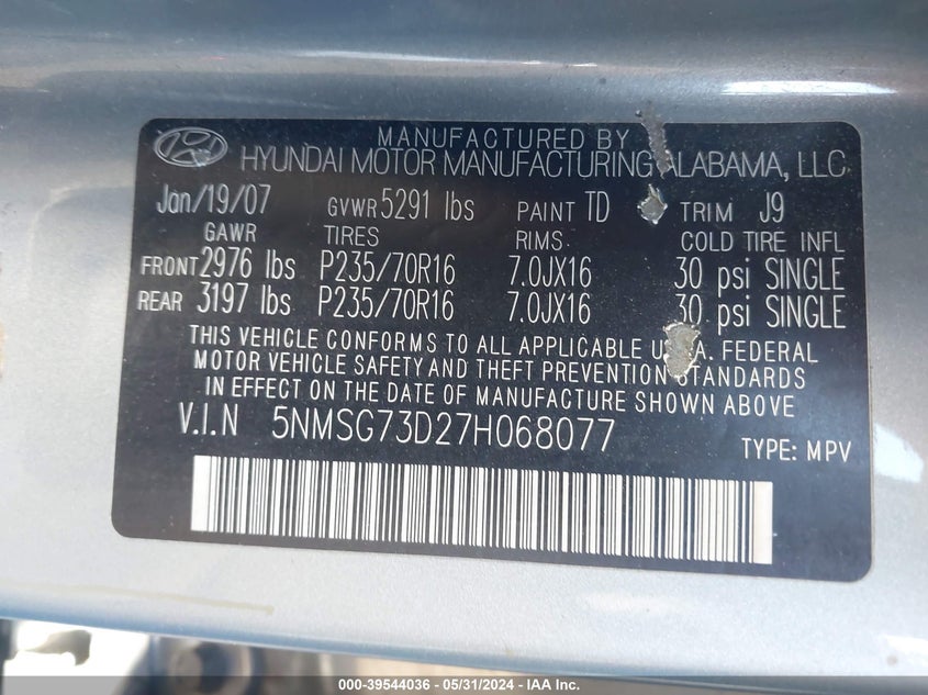2007 Hyundai Santa Fe Gls VIN: 5NMSG73D27H068077 Lot: 39544036