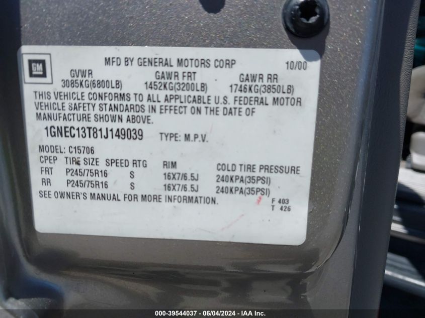 2001 Chevrolet Tahoe Ls VIN: 1GNEC13T81J149039 Lot: 39544037