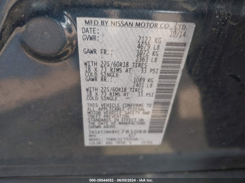 2015 Nissan Rogue Sl VIN: 5N1AT2MV8FC781088 Lot: 39544052