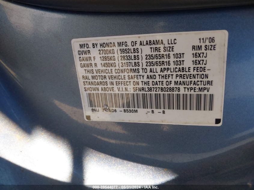 2007 Honda Odyssey Ex-L VIN: 5FNRL38727B028878 Lot: 39544077