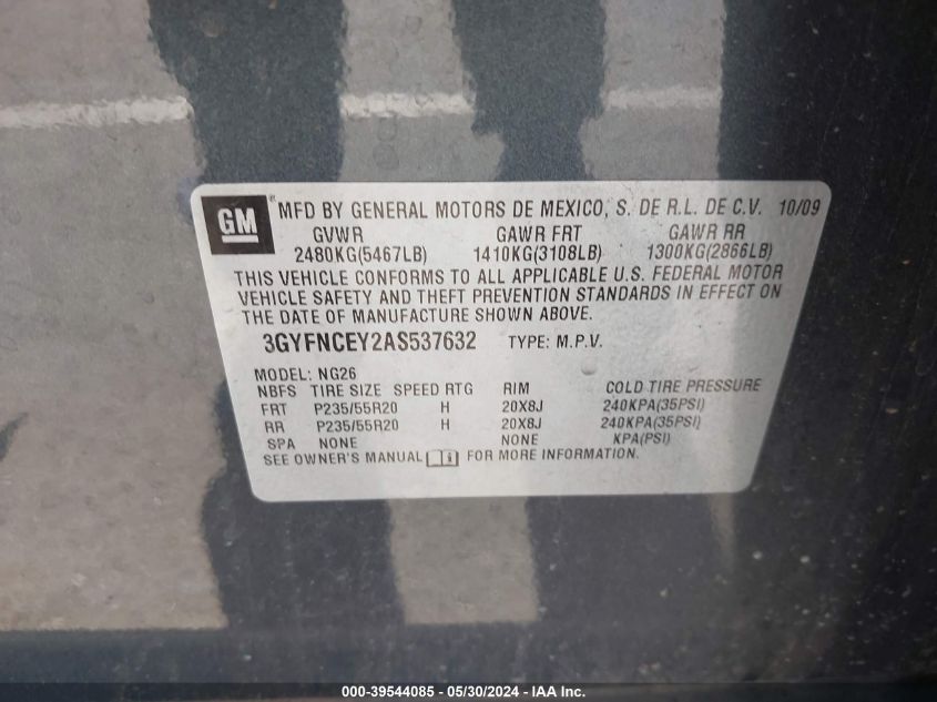 2010 Cadillac Srx Premium Collection VIN: 3GYFNCEY2AS537632 Lot: 39544085