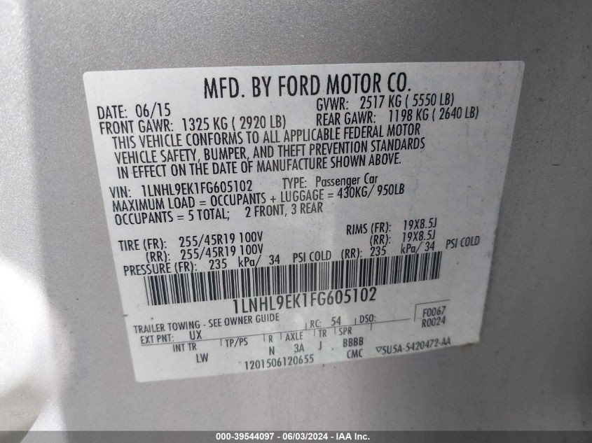 2015 Lincoln Mks VIN: 1LNHL9EK1FG605102 Lot: 39544097