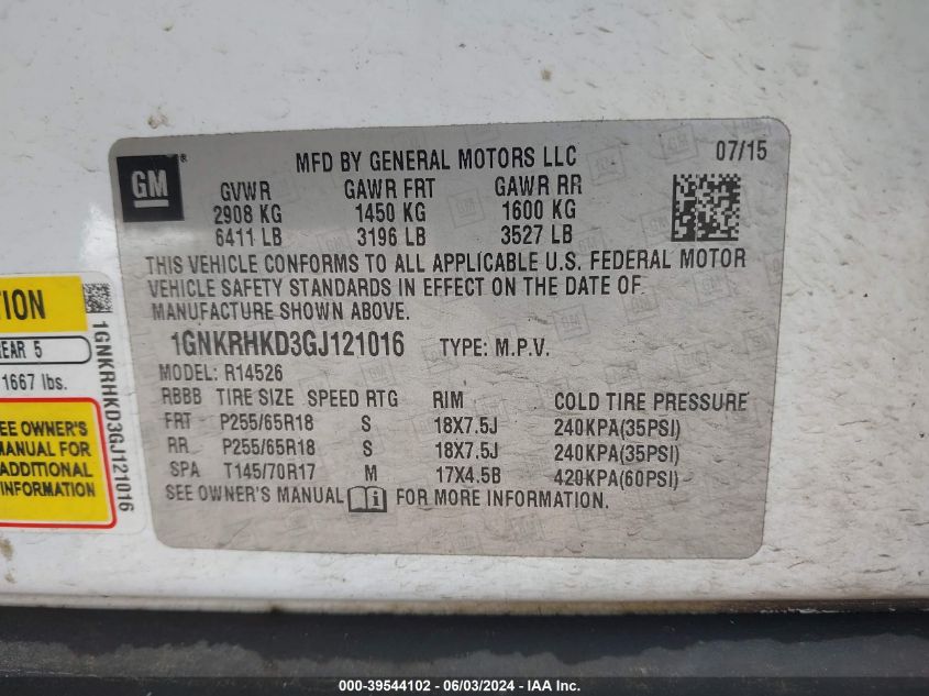 1GNKRHKD3GJ121016 2016 Chevrolet Traverse 2Lt