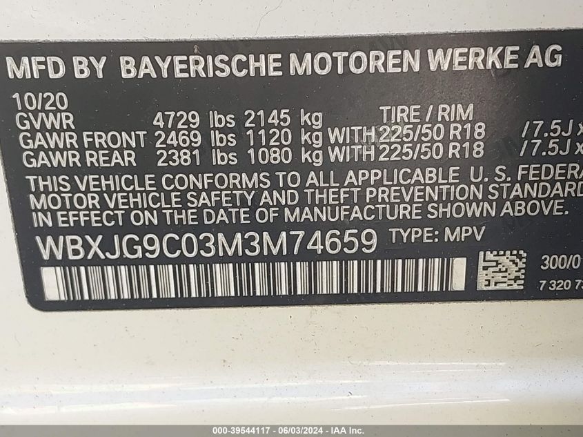2021 BMW X1 xDrive28I VIN: WBXJG9C03M3M74659 Lot: 39544117