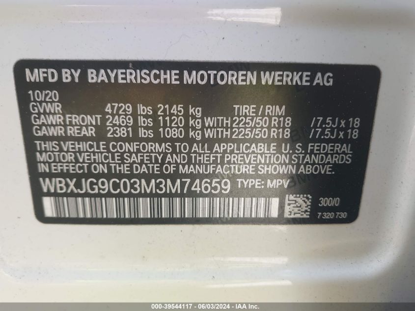 2021 BMW X1 xDrive28I VIN: WBXJG9C03M3M74659 Lot: 39544117