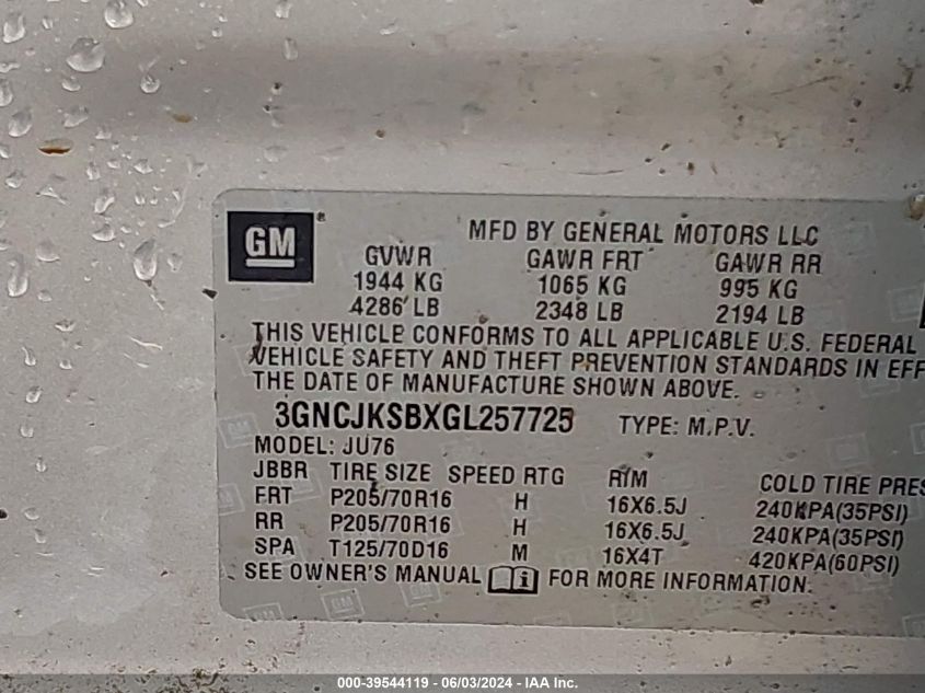 2016 Chevrolet Trax 1Ls VIN: 3GNCJKSBXGL257725 Lot: 39544119