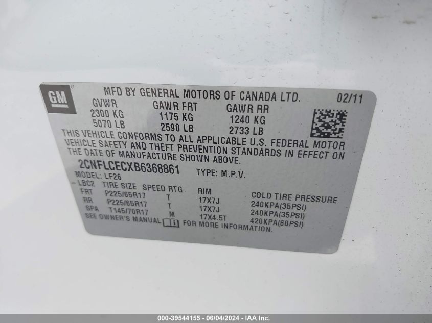 2011 Chevrolet Equinox Ls VIN: 2CNFLCECXB6368861 Lot: 39544155