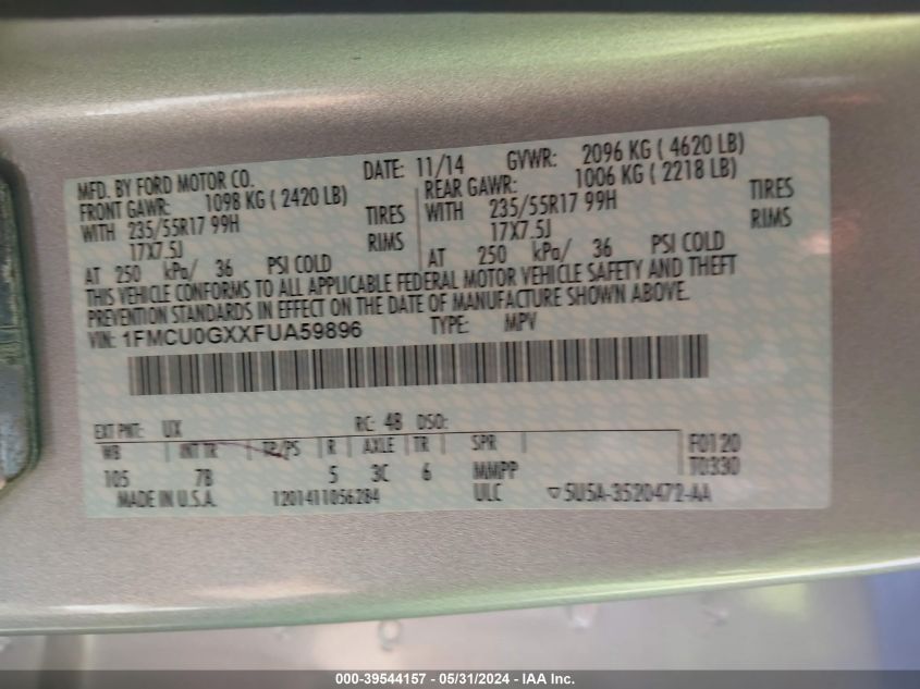 2015 Ford Escape Se VIN: 1FMCU0GXXFUA59896 Lot: 39544157