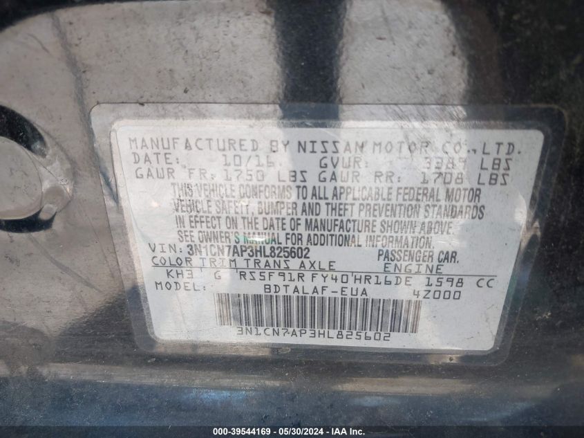 2017 Nissan Versa 1.6 S VIN: 3N1CN7AP3HL825602 Lot: 39544169