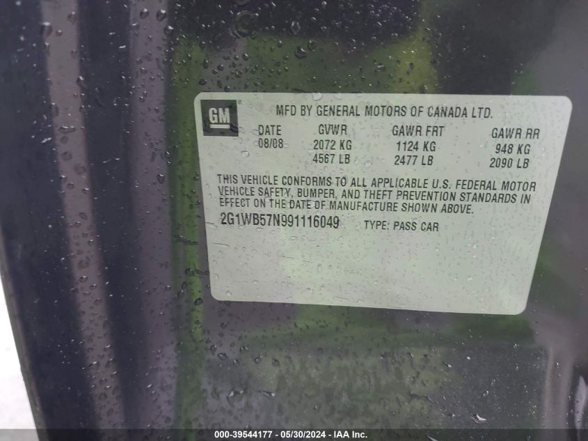 2009 Chevrolet Impala Ls VIN: 2G1WB57N991116049 Lot: 39544177