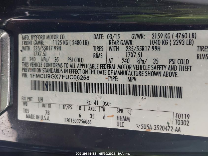 2015 Ford Escape Se VIN: 1FMCU9GX7FUC06258 Lot: 39544185