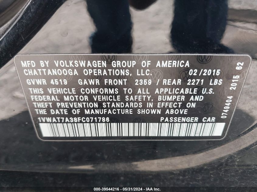 2015 Volkswagen Passat 1.8T S VIN: 1VWAT7A38FC071786 Lot: 39544216