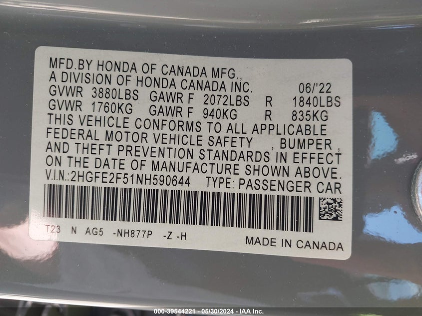 VIN 2HGFE2F51NH590644 2022 HONDA CIVIC SPORT