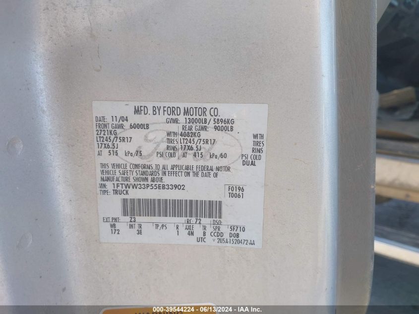 2005 Ford F-350 Lariat/Xl/Xlt VIN: 1FTWW33P55EB33902 Lot: 39544224