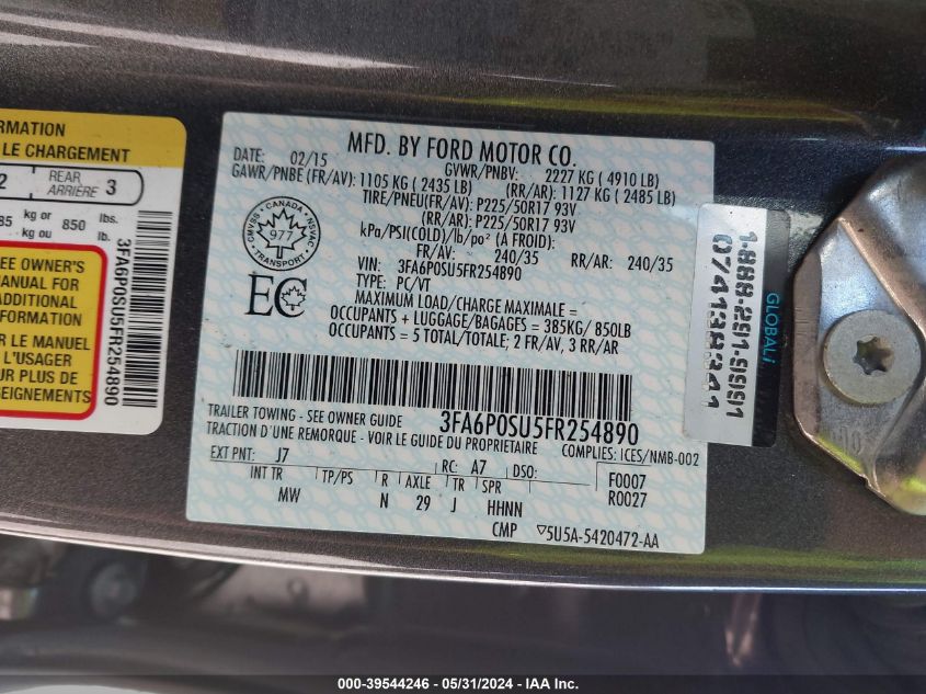 2015 FORD FUSION ENERGI TITANIUM - 3FA6P0SU5FR254890