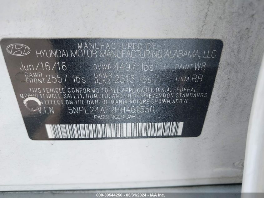 2017 Hyundai Sonata Se VIN: 5NPE24AF2HH461550 Lot: 39544250