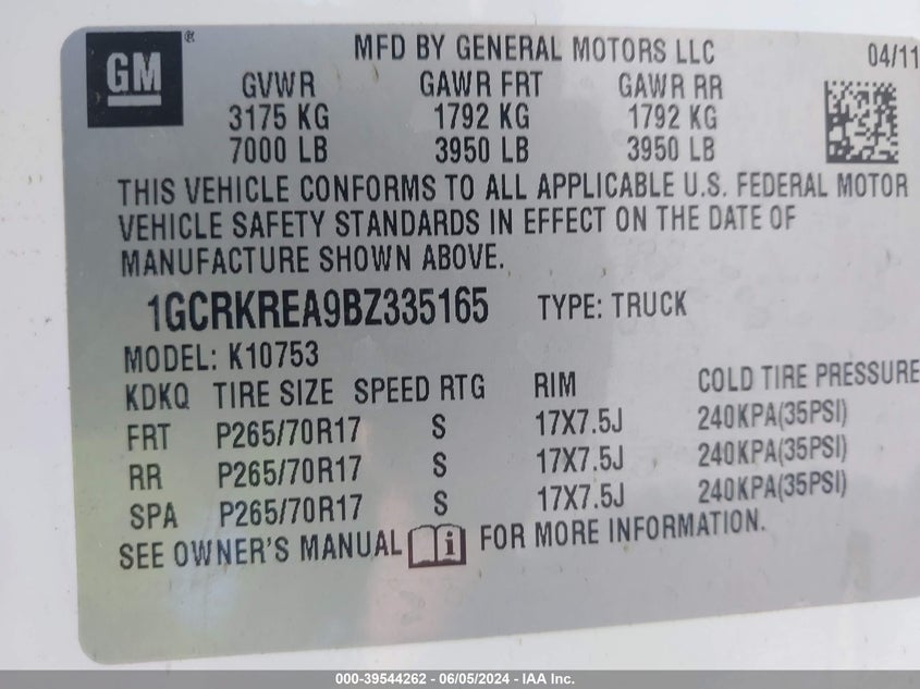 2011 Chevrolet Silverado 1500 Ls VIN: 1GCRKREA9BZ335165 Lot: 39544262