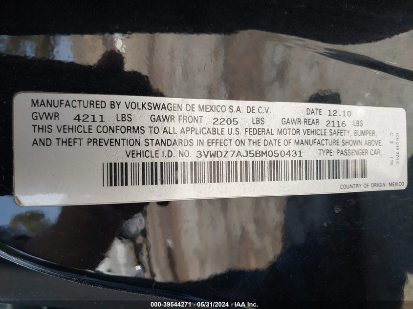 2011 Volkswagen Jetta 2.5L Se VIN: 3VWDZ7AJ5BM050431 Lot: 39544271