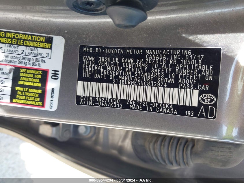 2017 Toyota Corolla Se VIN: 2T1BURHE5HC833974 Lot: 39544294