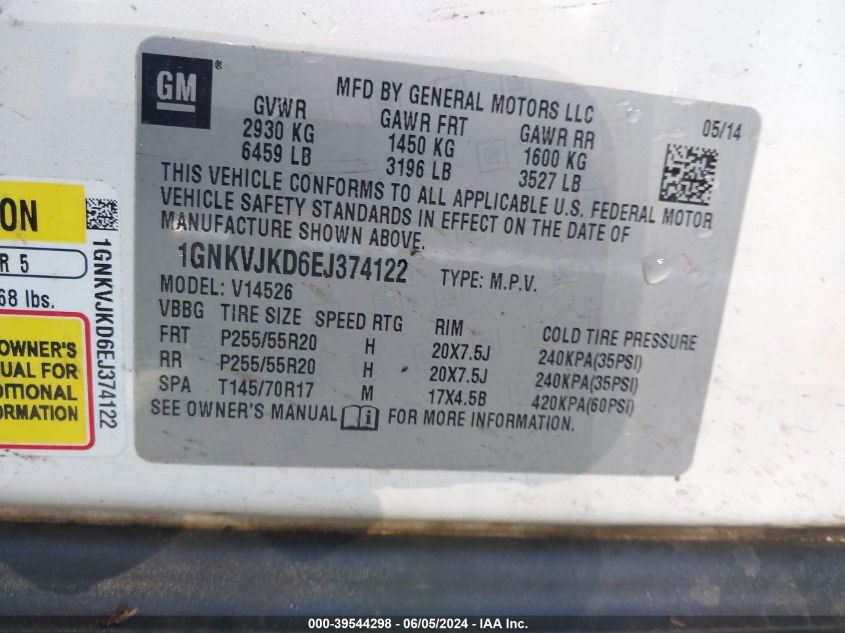 2014 Chevrolet Traverse Ltz VIN: 1GNKVJKD6EJ374122 Lot: 39544298