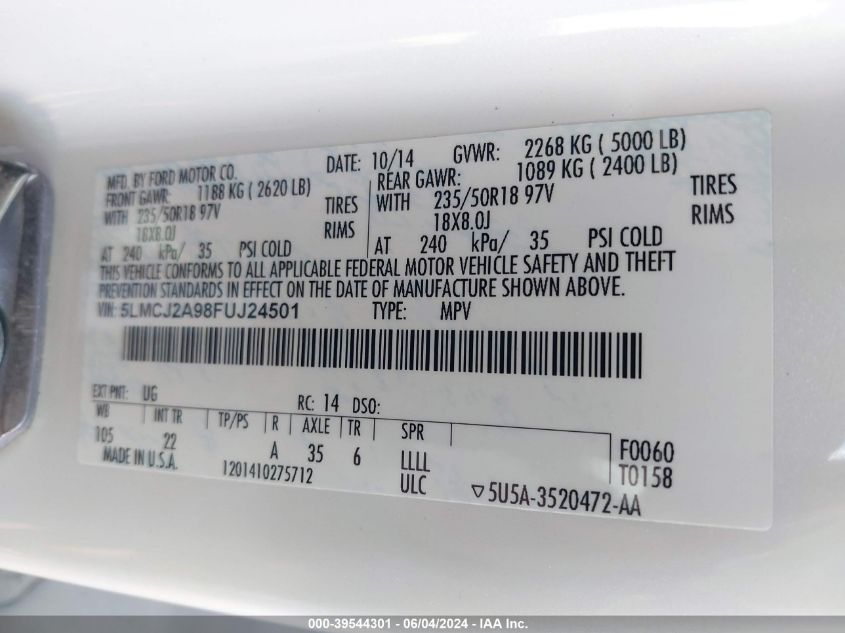 2015 Lincoln Mkc VIN: 5LMCJ2A98FUJ24501 Lot: 39544301