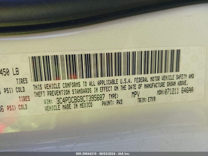 2012 Dodge Journey Sxt VIN: 3C4PDCBG9CT395687 Lot: 39544310