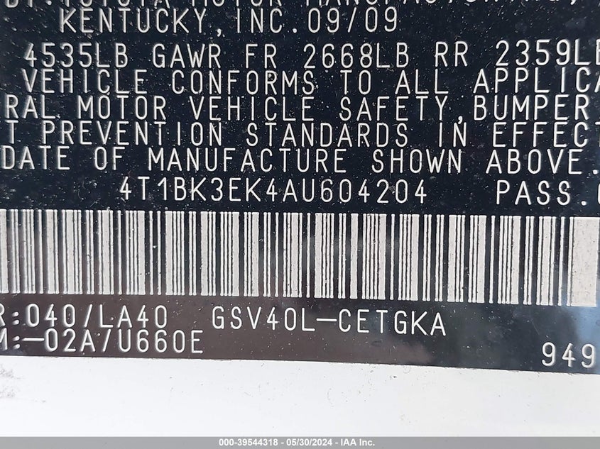 2010 Toyota Camry Xle V6 VIN: 4T1BK3EK4AU604204 Lot: 39544318